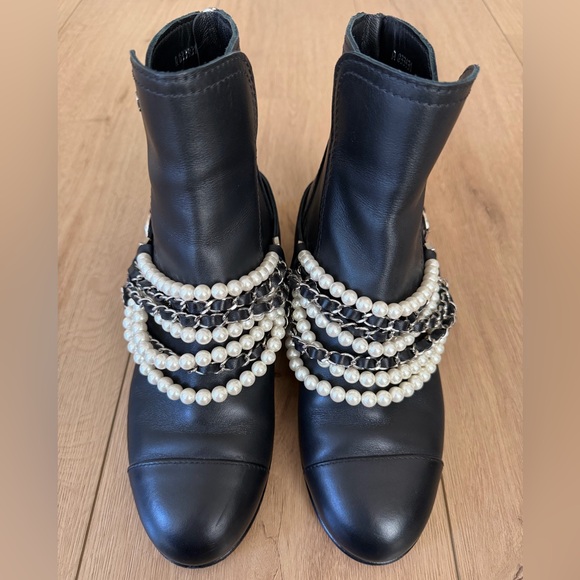 CHANEL Ankle Boots with Pearl Chains